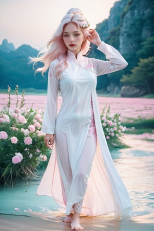 (masterpiece, best quality, niji style, cinematic lighting, rim lighting), realistic, octane render, extremely detailed, (lot of details:3.1), fantasy, (concept art:1.1),

soft light, headshot photo, dslr,

(a beautiful girl wearing an white Ao Dai:5.5), (she has light pink white long wave hair:5.5), she has beautiful brown eyes, she has her hair in a high bun and her hair is blowing in the wind, (her left hand is her left hand touches her hair:7.4), she looks at the camera, she is korean, her skin is pure white, she has a nice body, her waist is small, (she stands barefoot on the flowers:8.1), 

(daisy field background:3.1), (pink flower hillside background:3.1), (fog:3.1),