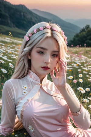 (masterpiece, best quality, niji style, cinematic lighting, rim lighting), realistic, octane render, extremely detailed, ornate, (lot of details:3.1), fantasy, (concept art:1.1), The photo has the same style as Photographer Munich,

soft light, headshot photo, dslr,

(a beautiful girl wearing an Ao Dai:2.5), she has light pink white hair, she has beautiful brown eyes, she has her hair in a high bun and her hair is blowing in the wind, (her left hand is her left hand touches her hair:7.4), she looks at the camera, she is korean, her skin is pure white, she has a nice body, her waist is small, (she is lying on the the ground has flowers around and one hand is raised to the sky:6.7), 

(daisy field background:3.1), (pink flower hillside background:3.1), (fog:3.1),xxmix_girl