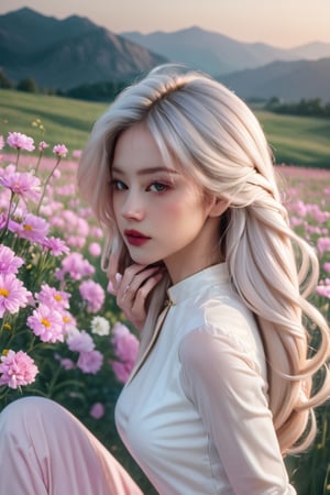 (masterpiece, best quality, niji style, cinematic film), (realistic, octane render, lot of details:3.1), fantasy, (concept art:1.1),

soft light, headshot photo, dslr,

(a beautiful girl wearing an Ao Dai:2.5), she has light pink white hair, she has beautiful brown eyes, she has her hair in a high bun and her hair is blowing in the wind, (her right hand is holding her chest:1.1), (her left hand is her left hand touches her hair:7.4), she looks at the camera, she is korean, her skin is pure white, she has a nice body, her waist is small, (she sat in the middle of a field of flowers:6.7), 

(daisy field background:3.1), (pink flower hillside background:3.1), (fog:3.1),xxmix_girl