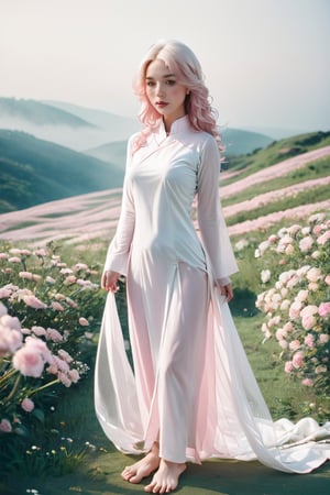 (masterpiece, best quality, niji style, cinematic lighting, rim lighting), realistic, octane render, extremely detailed, (lot of details:3.1), fantasy, (concept art:1.1),

soft light, headshot photo, dslr,

(a beautiful girl wearing an white Ao Dai:5.5), (she has light pink white long wave hair:5.5), she has beautiful brown eyes, she has her hair in a high bun and her hair is blowing in the wind, (her left hand is her left hand touches her hair:7.4), she looks at the camera, she is korean, her skin is pure white, she has a nice body, her waist is small, (she stands barefoot on the flowers and she has a body like a world model:8.1), 

(daisy field background:3.1), (pink flower hillside background:3.1), (fog:3.1),