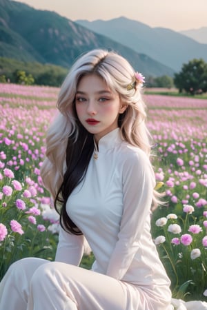 (masterpiece, best quality, niji style, cinematic film), (realistic, octane render, lot of details:3.1), fantasy, (concept art:1.1),

soft light, headshot photo, dslr,

(a beautiful girl wearing an Ao Dai:2.5), she has light pink white hair, she has beautiful brown eyes, she has her hair in a high bun and her hair is blowing in the wind, (her right hand is holding her chest:1.1), (her left hand is her left hand touches her hair:5.5), she looks at the camera, she is korean, her skin is pure white, she has a nice body, her waist is small, (she sat in the middle of a field of flowers:6.7), 

(daisy field background:3.1), (pink flower hillside background:3.1), (fog:3.1),xxmix_girl