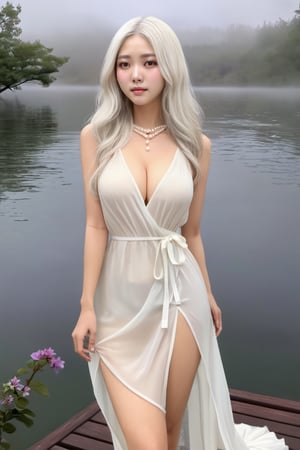 ( best quality,  realistic description,  masterpiece, )korean girl,  female solo,  (((((beautiful face))))),  (((( white hair )))),  long wave hair,  tiny_breasts, brown eyes,  ((realistic)),  super realistic eyes,  (((((beautiful eyes))))),  long and slim legs, necklace,  jewelry,  pearl necklacefull_body,  looking back,  look at camerawhite dress,  plunging v dress,  dress with a waist high slit,  ((((see-through dress)))), (background : simple,  lake surface,  (((((fog))))),  cloudy weather,  ),teengirlmix