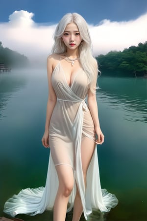 ( best quality, realistic description, masterpiece,)

korean girl, female solo, (((((beautiful face))))), (((( white hair )))), long wave hair, tiny_breasts,
brown eyes, ((realistic)), super realistic eyes, (((((beautiful eyes))))), long and slim legs,
necklace, jewelry, pearl necklace
full_body, looking back, look at camera
white dress, plunging v dress, dress with a waist high slit, ((((see-through dress)))),
(background : simple, lake surface, (((((fog))))), cloudy weather, ),photo r3al,LinkGirl,beautymix,NYFlowerGirl