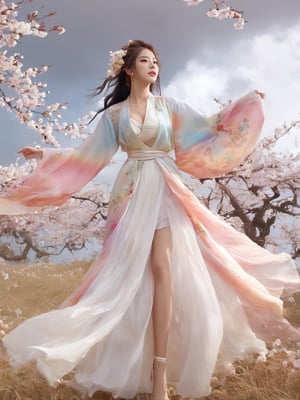 1girl, solo, hair ornament, bug, braid, jewelry, long hair, white hair, flower, earrings, long sleeves, dress, cloud of surrounding, building from afar, 
white dress wedding, plunging v dress, dress with a waist high slit, ((see-through dress)), daxiushan nude,

long white legs showing from the skirt, showing all the way to the waist, slit skirt revealing long legs, sexy legs, white legs, exposing many areas of the legs from ankles to abdomen,

ornament, chakra, (( beautiful eyes )), full_body, small flowers in the hair, (((korean face female))),
,mythical clouds, realistic, ,xxmixgirl,3d figure,korean girl,3d style,
cinematic film still (Raw Photo:1.3) of (Ultrarealistic:1.3), different posture, up arms, ((arms up)), rainbow, in old used 1800 peasant clothing, crazy mad aggressive face and eyes, fantasy, concept art,NYFlowerGirl, arms up, tropical rain, jump up, hands touch softly you face, close up, Small cherry blossoms flew everywhere, the wind blew away the girl's clothes,