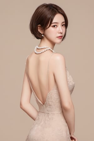 korean girl, 1girl, solo, brown hair, brown eyes, realistic, necklace, jewelry, short hair, looking back, pearl necklace, dress, looking at viewer, simple background, lips 