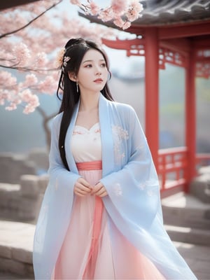 1girl, solo, hair ornament, bug, braid, jewelry, long hair, black hair, flower, chinese clothes, earrings, long sleeves, dress, cloud of surrounding, building from afar, white pink blue pastel hanfu, ornament, chakra, (( beautiful eyes )), full_body, flowers in the hair,
,mythical clouds,daxiushan, realistic, ,xxmixgirl,3d figure,korean girl,3d style