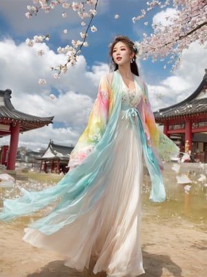 1girl, solo, hair ornament, bug, braid, jewelry, long hair, white hair, flower, earrings, long sleeves, dress, cloud of surrounding, building from afar, 
white dress wedding, plunging v dress, dress with a waist high slit, ((see-through dress)), daxiushan nude, long white legs showing from the skirt, showing all the way to the waist, slit skirt revealing long legs, sexy legs, white legs,
ornament, chakra, (( beautiful eyes )), full_body, small flowers in the hair, (((korean face female))),
,mythical clouds, realistic, ,xxmixgirl,3d figure,korean girl,3d style,
cinematic film still (Raw Photo:1.3) of (Ultrarealistic:1.3), different posture, up arms, ((arms up)), rainbow, in old used 1800 peasant clothing, crazy mad aggressive face and eyes, fantasy, concept art,NYFlowerGirl, arms up, tropical rain, jump up, hands touch softly you face, close up, Small cherry blossoms flew everywhere, the wind blew away the girl's clothes,