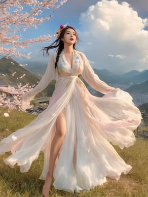 1girl, solo, hair ornament, bug, braid, jewelry, long hair, white hair, flower, earrings, long sleeves, dress, cloud of surrounding, building from afar, 
white dress wedding, plunging v dress, dress with a waist high slit, ((see-through dress)), daxiushan for the upper half of the body, lower body nude,

long white legs showing from the skirt, showing all the way to the waist, slit skirt revealing long legs, sexy legs, white legs, exposing many areas of the legs from ankles to abdomen, expose one breast, expose most of the nipple, Do not wear underwear, show her groin, show her long legs to the groin, (((((((nude body, show pubis, show navel, show waist, show chest, show right breast,  ))))))),

ornament, chakra, (( beautiful eyes )), full_body, small flowers in the hair, (((korean face female))),
,mythical clouds, realistic, ,xxmixgirl,3d figure,korean girl,3d style,
cinematic film still (Raw Photo:1.3) of (Ultrarealistic:1.3), different posture, up arms, ((arms up)), rainbow, in old used 1800 peasant clothing, crazy mad aggressive face and eyes, fantasy, concept art,NYFlowerGirl, arms up, tropical rain, jump up, hands touch softly you face, close up, Small cherry blossoms flew everywhere, the wind blew away the girl's clothes,