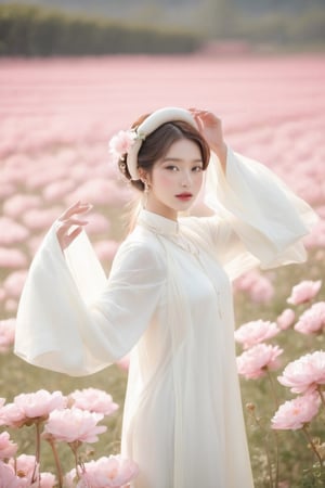 (masterpiece, best quality, niji style), (realistic, octane render, lot of details:6.3),
(full body photo :4.3), beautiful woman, korean woman, looking at the camera, (photo from head to toe:3.5),

(70s retro hairstyle:4.5),

clothing; ao dai vietnam, white ao dai, white dress, (white clothings:3.5), 

(long white pink pastel wavy hair2.4), (white wavy hair:3.5), brown eyes, beautiful eyes, closed mouth, The girl is tall and looks like a beauty queen,

hair blowing in the wind, small flower petals flying in the wind, flower petals flying in front of the girl,

(background is pink flower field of australia:1.1),

cinematic film still an awarded profesional photo of Leafwhisper, ideal body posture, perfect body proportions, hyperrealistic art, extremely high-resolution details, photographic, realism pushed to extreme, fine texture, incredibly lifelike,

different posture, up arms, ((arms up)), crazy mad aggressive face and eyes, fantasy, concept art, arms up, jump up, hands touch softly her face, (Both hands lift both tits:2.1),LinkGirl,aotac,aesthetic portrait,chibi,Anime ,huayu,Beautiful girl 