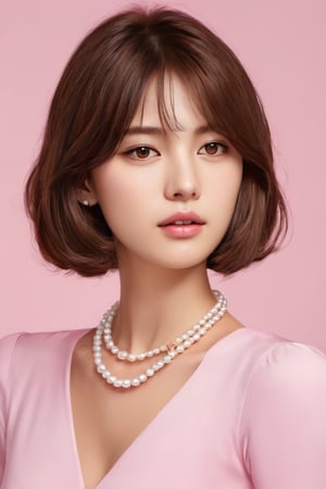 korean girl, 1girl, solo, brown hair, brown eyes, realistic, necklace, jewelry, short hair, looking back, pearl necklace, dress white, looking at viewer, simple background pink patel, lips 