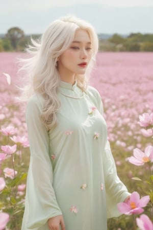 (masterpiece, best quality, niji style), (realistic, octane render, lot of details:6.3),
(full body photo :4.3), beautiful woman, korean woman, looking at the camera, (photo from head to toe:3.5),

(70s retro hairstyle:4.5),

clothing; ao dai vietnam, white ao dai, white dress, white clothings, 

(long white pink pastel wavy hair2.4), (white hair:3.5), brown eyes, beautiful eyes, closed mouth, The girl is tall and looks like a beauty queen,

hair blowing in the wind, small flower petals flying in the wind, flower petals flying in front of the girl,

(background is pink flower field of australia:1.1),

cinematic film still an awarded profesional photo of Leafwhisper, ideal body posture, perfect body proportions, hyperrealistic art, extremely high-resolution details, photographic, realism pushed to extreme, fine texture, incredibly lifelike,

different posture, up arms, ((arms up)), crazy mad aggressive face and eyes, fantasy, concept art, arms up, jump up, hands touch softly her face, (Both hands lift both tits:2.1),LinkGirl,aotac,aesthetic portrait