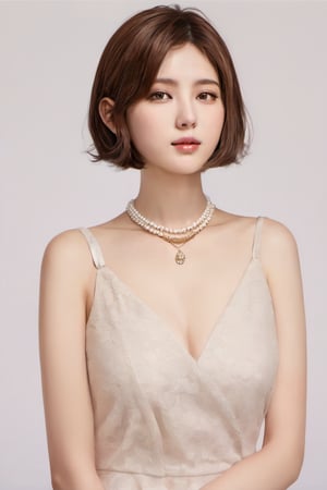 korean girl, 1girl, solo, brown hair, brown eyes, realistic, necklace, jewelry, short hair, looking back, pearl necklace, dress, looking at viewer, simple background, lips 