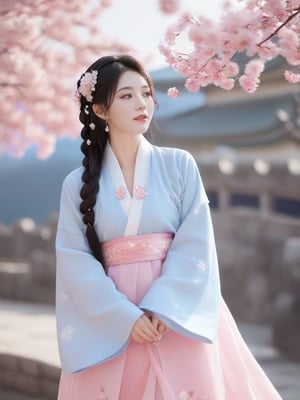 1girl, solo, hair ornament, bug, braid, jewelry, long hair, white hair, flower, korean clothes, earrings, long sleeves, dress, cloud of surrounding, building from afar, white pink blue pastel hanbok, ornament, chakra, (( beautiful eyes )), full_body, flowers in the hair,
,mythical clouds,daxiushan, realistic, ,xxmixgirl,3d figure,korean girl,3d style