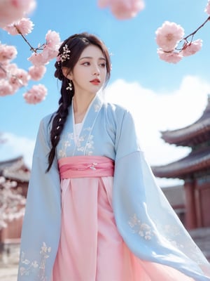 1girl, solo, hair ornament, bug, braid, jewelry, long hair, white hair, flower, korean clothes, earrings, long sleeves, dress, cloud of surrounding, building from afar, white pink blue pastel hanbok, ornament, chakra, (( beautiful eyes )), full_body, flowers in the hair,
,mythical clouds,daxiushan, realistic, ,xxmixgirl,3d figure,korean girl,3d style