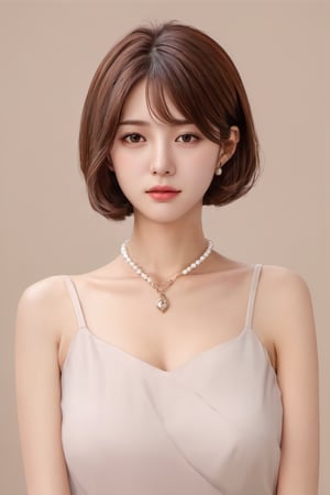 korean girl, 1girl, solo, brown hair, brown eyes, realistic, necklace, jewelry, short hair, looking back, pearl necklace, dress, looking at viewer, simple background, lips 
