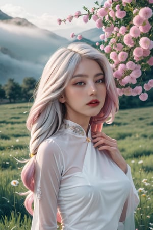 (masterpiece, best quality, niji style, cinematic film), (realistic, octane render, lot of details:3.1), fantasy, (concept art:1.1),

soft light, headshot photo, dslr,

(a beautiful girl wearing an Ao Dai:2.5), she has light pink white hair, she has beautiful brown eyes, she has her hair in a high bun and her hair is blowing in the wind, (her right hand is holding her chest:1.1), (her left hand is her left hand touches her hair:5.5), she looks at the camera, she is korean, her skin is pure white, she has a nice body, her waist is small, (she sat in the middle of a field of flowers:3.1), 

(daisy field background:3.1), (pink flower hillside background:3.1), (fog:3.1),xxmix_girl