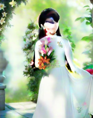masterpiece, best quality, realistic, octane render,

1girl, solo, korean girl, looking_at_viewer,
(beautiful eyes:1.1),

(black hair, long hair, Straight hair:1.3),

she is wearing a ao dai, tight sleeves,

good body,
white clothes, she is standing, creative posing,

Floral Element: They are holding a bouquet of lilies, which adds a natural and delicate touch to the image.
Scenic Location: The background suggests a garden or park with a paved walkway and ornate balustrades, enhancing the peaceful ambiance.
