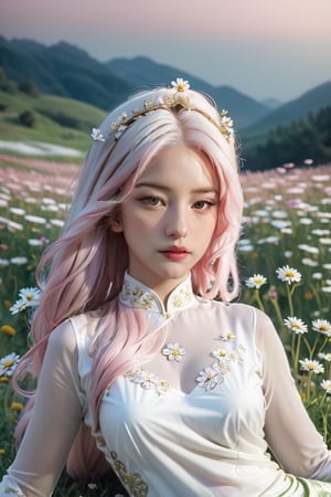 (masterpiece, best quality, niji style, cinematic lighting, rim lighting), realistic, octane render, extremely detailed, ornate, (lot of details:3.1), fantasy, (concept art:1.1), The photo has the same style as Photographer Munich,

soft light, headshot photo, dslr,

(a beautiful girl wearing an white Ao Dai:5.5), (she has light pink white long wave hair:5.5), she has beautiful brown eyes, she has her hair in a high bun and her hair is blowing in the wind, (her left hand is her left hand touches her hair:7.4), she looks at the camera, she is korean, her skin is pure white, she has a nice body, her waist is small, (she is lying on the the ground has flowers around and one hand is raised to the sky:8.1), 

(daisy field background:3.1), (pink flower hillside background:3.1), (fog:3.1),xxmix_girl