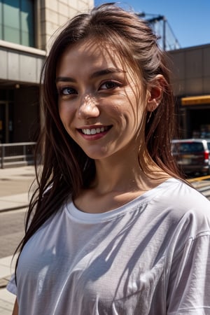 masterpiece, beat quality, woman,
((MandyRock)), 
((Wearing white tshirt)),
((finely detailed beautiful eyes and detailed face)), ((brown eyes)), ((bright_pupils)),
((long hair)), sexy smile,
cinematic lighting, ((bust shot)),
8k uhd, dslr, soft lighting, 
high quality, film grain, Fujifilm XT3, 
extremely detailed CG unity 8k wallpaper,
In New York City in a sunny day. 