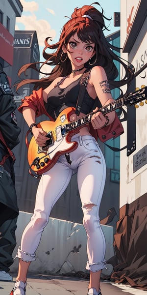 masterpiece, beat quality, woman standing front to the camera with the face of KatyRock, ((wearing a black Jack Daniels's tank top)), (((white jeans))) and (((playing a Gibson LesPaul Guitar))) with finely detailed beautiful brown eyes and detailed face and long_hair.
cinematic lighting,
8k uhd, dslr, soft lighting, high quality, 
In the street with a rock band.
JackTshirt