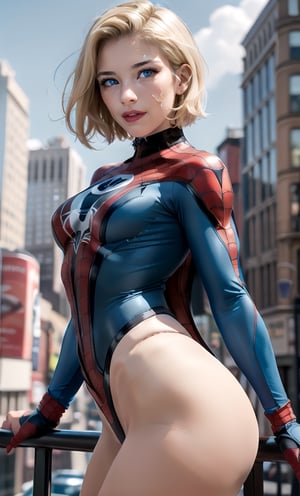 (AdriRock), ((medium breasts)),
((beauty skin)), ((short blonde hair)), 
((blue eyes)), 
Break.
Wearing Spider-Woman suit
Break.
New York city background.