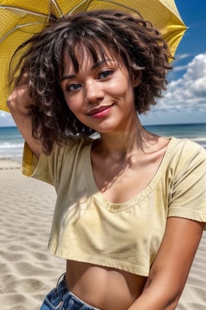 masterpiece, beat quality, woman,
((MicheStar)), 
((Wearing yellow t-shirt)),
((finely detailed beautiful eyes and detailed face)), ((beautiful eyes)), ((bright_pupils)),
((long hair:1.0)), sexy smile,
cinematic lighting, ((bust shot)),
8k uhd, dslr, soft lighting, 
high quality, film grain, Fujifilm XT3, 
extremely detailed CG unity 8k wallpaper,
On the beach in a sunny day with clouds.,MicheStar