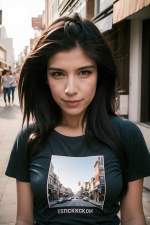 Realistic, photo epiC35mm of 1girl, Adr1R0ck, bust_portrait, wearing  black tshirt, looking_at_viewer, in the main street.