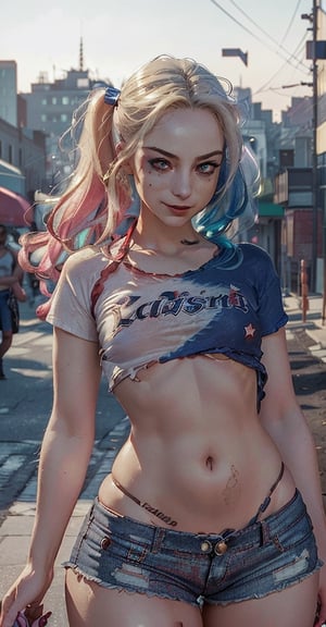 (((hyper realistic face)))(((extreme realistic skin detail))) (face with detailed shadows) (masterpiece:1.2, highest quality), (realistic, photo_realistic:1.9), ((Photoshoot)),

(a beautiful girl), 
((Harley Quinn with the face of RemyStar), ((big_boobs, large pelvic, wide hip, midriff, narrow waist, big ass, curvy waist:1.2)), ((slim, skinny waist:1.4)), ((sexy smile)), ((long_hair)), seductress, tempting, smug face, ((wide hips)) masterpiece, ((wearin white t-shirt, red and blue bikini, very small short shorts :1.2)), 
depth of field, spiked bracelet, torn clothes,
fishnet pantyhose, 
((looking_at_viewer)),(detailed face:1.2), (detailed eyes:1.2), (detailed background), (gradients), colorful, detailed landscape, visual key, 
shiny skin. In a modern city street, 
tall buildings at night. 
Medium shot. Action camera. Portrait film. Standard lens. Golden hour lighting.
sharp focus, 8k, UHD, high quality, frowning, intricate detailed, highly detailed, hyper-realistic. 