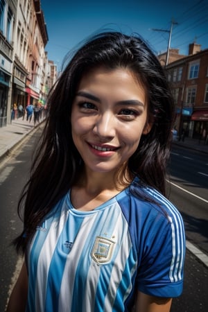 masterpiece, beat quality, AdriRock,
standing front to the camera,
((Wearing shirt of Argentina footbal soccer)), ((brown eyes)),
(finely detailed face), 
sexy smile, long_hair,
cinematic lighting, ((bust shot)),
8k uhd, dslr, soft lighting, 
high quality, film grain, Fujifilm XT3, 
extremely detailed CG unity 8k wallpaper,
Street in a modern city in a sunny day.