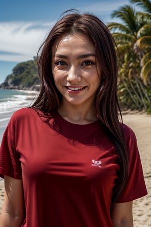 masterpiece, beat quality, woman,
((MandyRock)), 
((Wearing a red tshirt)),
((finely detailed beautiful eyes and detailed face)), ((brown eyes)), ((bright_pupils)),
((long hair)), shy smile,
cinematic lighting, ((bust shot)),
8k uhd, dslr, soft lighting, 
high quality, film grain, Fujifilm XT3, 
extremely detailed CG unity 8k wallpaper,
In the beach in a sunny day. 
