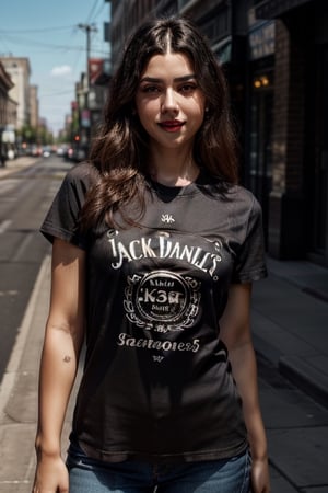 masterpiece, beat quality, woman standing front to the camera with the face of Valen5, wearing a black Jack Daniels's t-shirt with finely detailed beautiful golden eyes and detailed face a sexy smile and long_hair.
cinematic lighting, ((bust shot)),
8k uhd, dslr, soft lighting, 
high quality, film grain, Fujifilm XT3, 
extremely detailed CG unity 8k wallpaper,
Golden hour lighting,
shiny skin. Street in a modern city.
JackTshirt3, 