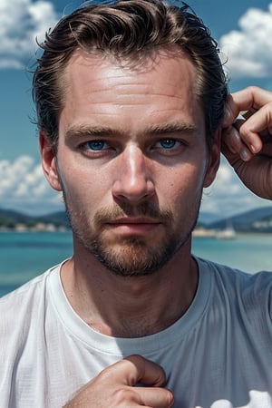 (Masterpiece),  ((Top Quality)),  ((8K Wallpaper)),  ((Ultra High Resolution)),  Good Composition,  (Ultra Detail),  Beautiful Art,  Artistic,  Realistic,  Beautiful,  Good Art,  Landscape,  Movie scene,  

A man with sunglasses, masculine, 
photo of a man CharltonHStar, short hair,  (blue eyes), (detailed eyes), 
shiny skin, detailed skin, fine skin, (perfect anatomy), (realistic), five-fingered hand,  
((wearing open white shirt)), 
looking_at_viewer, bust_portrait,

shot on canon,  film grain, 
shot by Christopher Nolan,  hard shadow,  masterpiece,  best quality,  Intricate,  High Detail,  analog style,  (soft focus:0.6),  modelshoot style,  film grain, 
Landscape with clouds in the summer sky. 