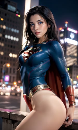 ((AdriRock)), ((medium breasts)),
((beauty skin)), ((long hair)), 
((beauty eyes)), ((perfects eyes)),
Break.
Wearing supergirl suit of the superhero with cape,
Break.
New York city at night background.