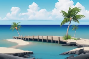 (((small island in the mifdle of the ocean 2d for kids))), landscape view with blue sky, green grass, bright colors,  small flowers, beach, ((palms)), ((ready to print)), clouds, vibrant colors, herbage