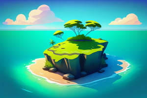 (((small island in the mifdle of the ocean 2d for kids))), landscape view with blue sky, green grass, bright colors,  small flowers, beach, (((palms))), ((ready to print)), ((two point perspective)), (vanishing point), ((linear perspective)), ((lower horizon line)), clouds, vibrant colors, herbage, background