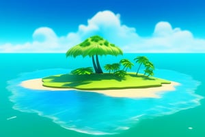 (((small island in the mifdle of the ocean 2d for kids))), landscape view with blue sky, green grass, bright colors,  small flowers, beach, ((palms)), ((ready to print)), clouds, vibrant colors, herbage,reinopool,Yae Miku