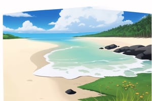 (((small island 2d for kids))), landscape view with blue sky, green grass, bright colors,  small flowers, beach, ((palm)), ((ready to print)), clouds, vibrant colors,