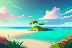 (((small island in the mifdle of the ocean 2d for kids))), landscape view with blue sky, green grass, bright colors,  small flowers, beach, (((palms))), ((ready to print)), ((two point perspective)), (vanishing point), ((linear perspective)), ((lower horizon line)), clouds, vibrant colors, herbage, background