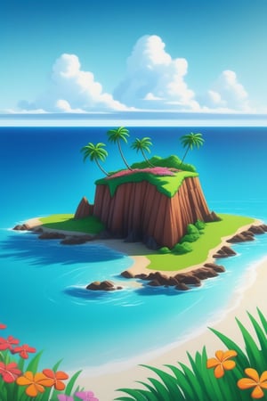 (((small island 2d for kids))),  landscape view with blue sky,  green grass,  bright colors,  small flowers,  beach,  (((palms))),  ((ready to print)),  ((two point perspective)),  (vanishing point),  ((linear perspective)),  ((lower horizon line)),  clouds,  vibrant colors,  herbage,  background, ,Leonardo Style