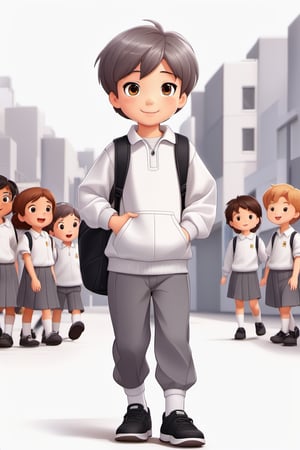 children with gray uniform,PinchingPOV, white background, latin kid,pov, boy  six year old, school_uniform, ((gray dress Trousers)), ((black shoes)), (white shirt), ((gray pullover)), (gray sweater), brown hair, back to school, latin kid, white background, whole body