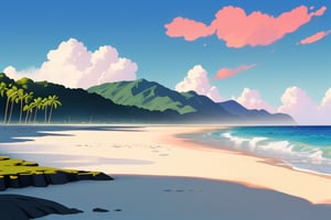 (((small island in the mifdle of the ocean 2d for kids))), landscape view with blue sky, green grass, bright colors,  small flowers, beach, ((palms)), ((ready to print)), clouds, vibrant colors, 