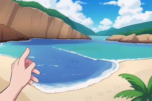 (((small island 2d for kids))), landscape view with blue sky, green grass, bright colors,  small flowers, beach, ((palm)), ((ready to print)), clouds, vibrant colors,takane shijou