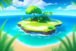 (((small island in the mifdle of the ocean 2d for kids))), landscape view with blue sky, green grass, bright colors,  small flowers, beach, ((palms)), ((ready to print)), ((one point perspective)), clouds, vibrant colors, herbage,reinopool,Yae Miku