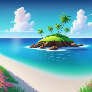 (((small island 2d for kids))),  landscape view with blue sky,  green grass,  bright colors,  small flowers,  beach,  (((palms))),  ((ready to print)),  ((two point perspective)),  (vanishing point),  ((linear perspective)),  ((lower horizon line)),  clouds,  vibrant colors,  herbage,  background, ,Leonardo Style