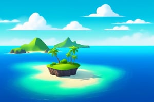 (((small island in the mifdle of the ocean 2d for kids))), landscape view with blue sky, green grass, bright colors,  small flowers, beach, (((palms))), ((ready to print)), ((one point perspective)), (vanishing point), clouds, vibrant colors, herbage,