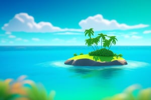 (((small island in the mifdle of the ocean 2d for kids))), landscape view with blue sky, green grass, bright colors,  small flowers, beach, ((palms)), ((ready to print)), clouds, vibrant colors, herbage,reinopool