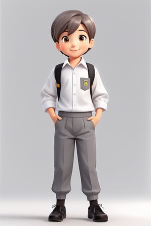 children with gray uniform,PinchingPOV, white background, latin kid,pov, boy  six year old, school_uniform, ((gray dress Trousers)), (black shoes), (white shirt), ((gray pullover)), brown hair, back to school, latin kid, white background,