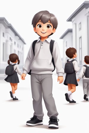 children with gray uniform, PinchingPOV, white background, latin kid, pov, boy  six year old, school uniform, ((gray dress Trousers)), ((black shoes)), (white shirt), ((gray pullover)), (gray sweater), brown hair, back to school, latin kid, white background, full body