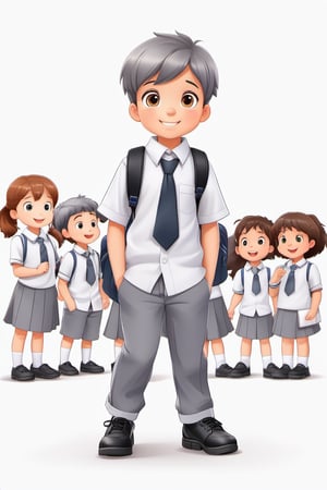 children with gray uniform,PinchingPOV, white background, latin kid,pov, boy  six year old, school_uniform, ((gray dress Trousers)), (black shoes), (white shirt), back to school, latin kid, white background,