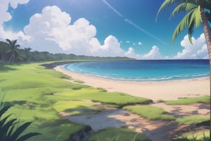 (((small island 2d for kids))), landscape view with blue sky, green grass, bright colors,  small flowers, beach, ((palm)), ((ready to print)), clouds,High detailed 